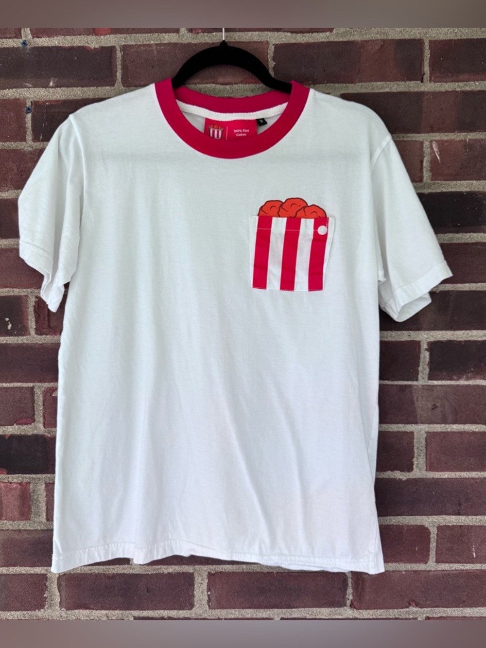 Popcorn Graphic Pocket T Shirt White Red Ringer Tee 100% Cotton Women’s Small